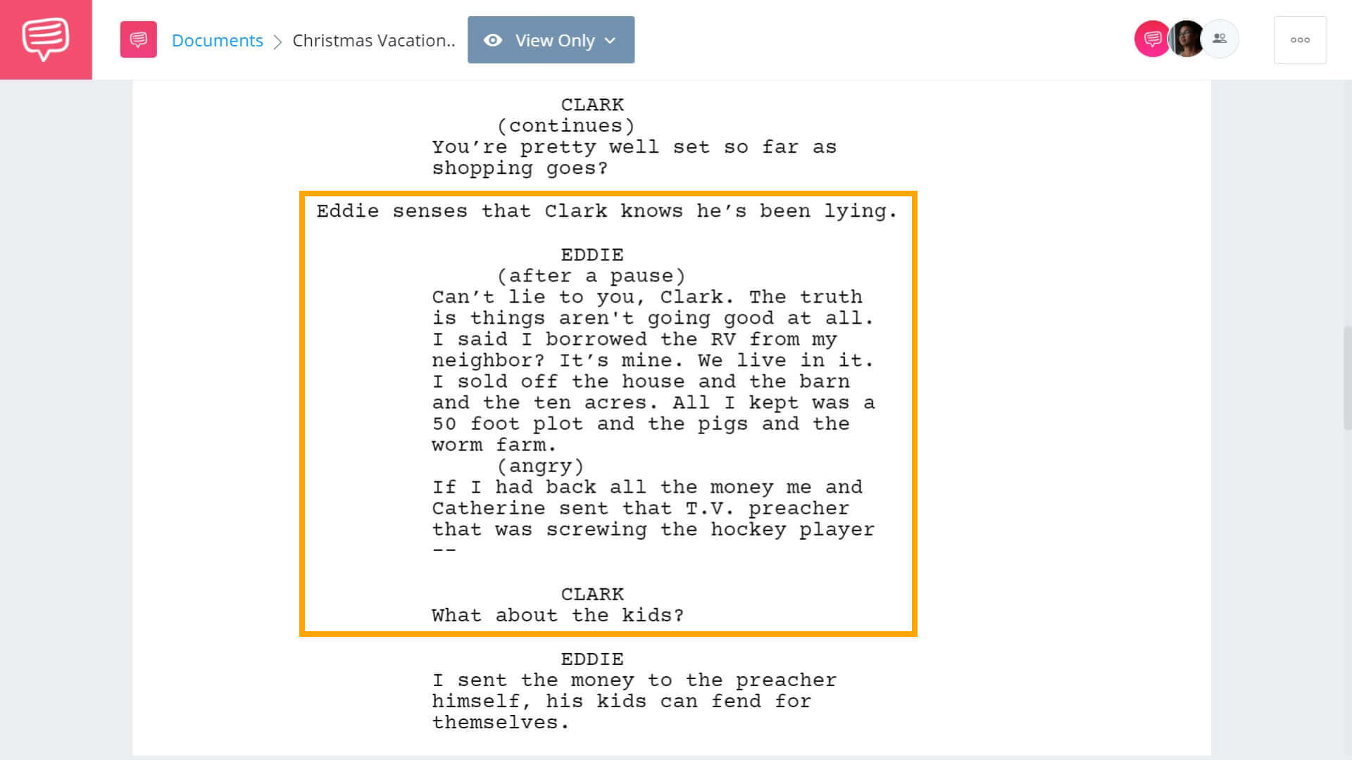 Christmas Vacation Script Teardown - Spirit of Giving Scene Second V - StudioBinder Screenwriting Software