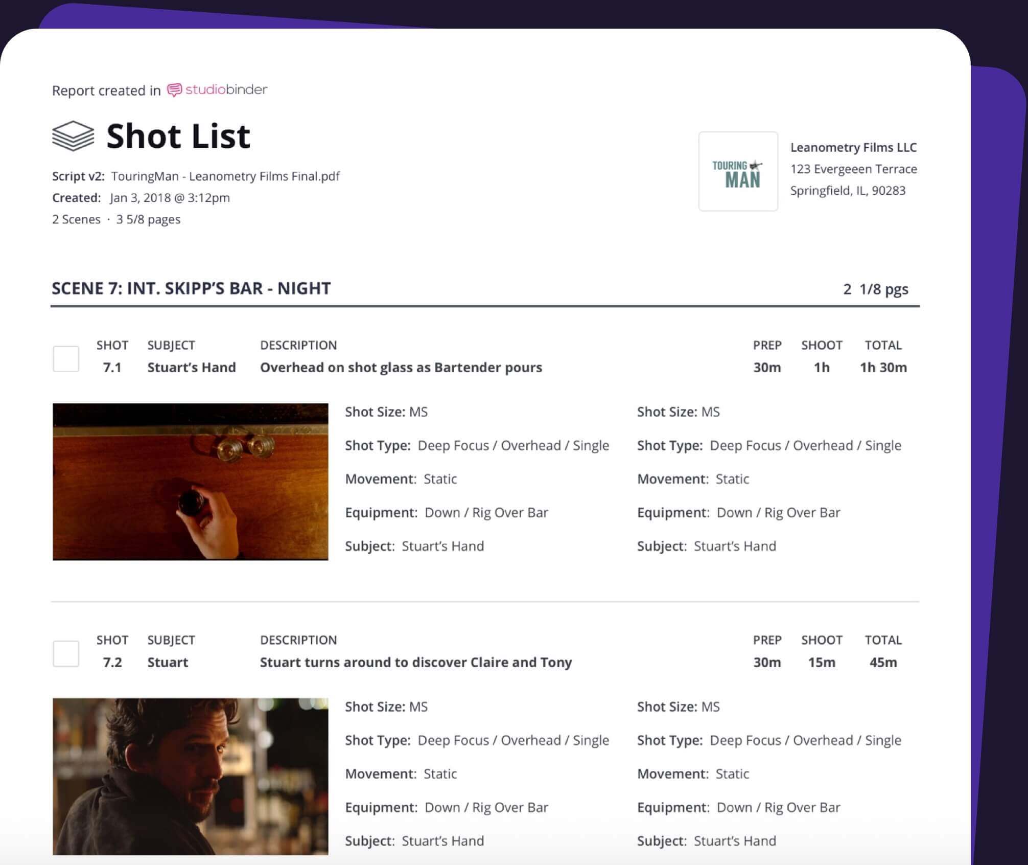 shot list features pdf generator