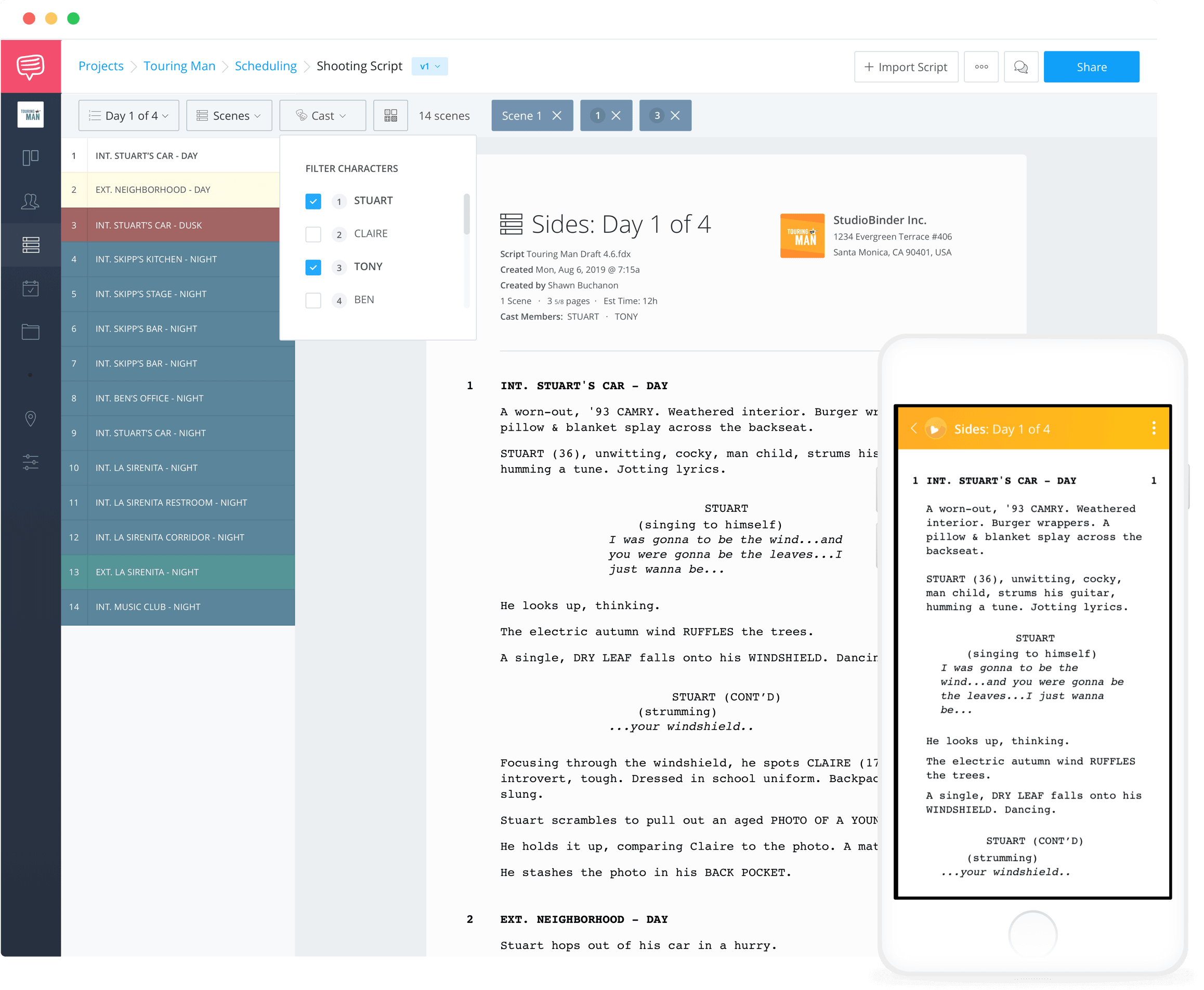 StudioBinder Film Scheduling Software - Generate Script Sides Online